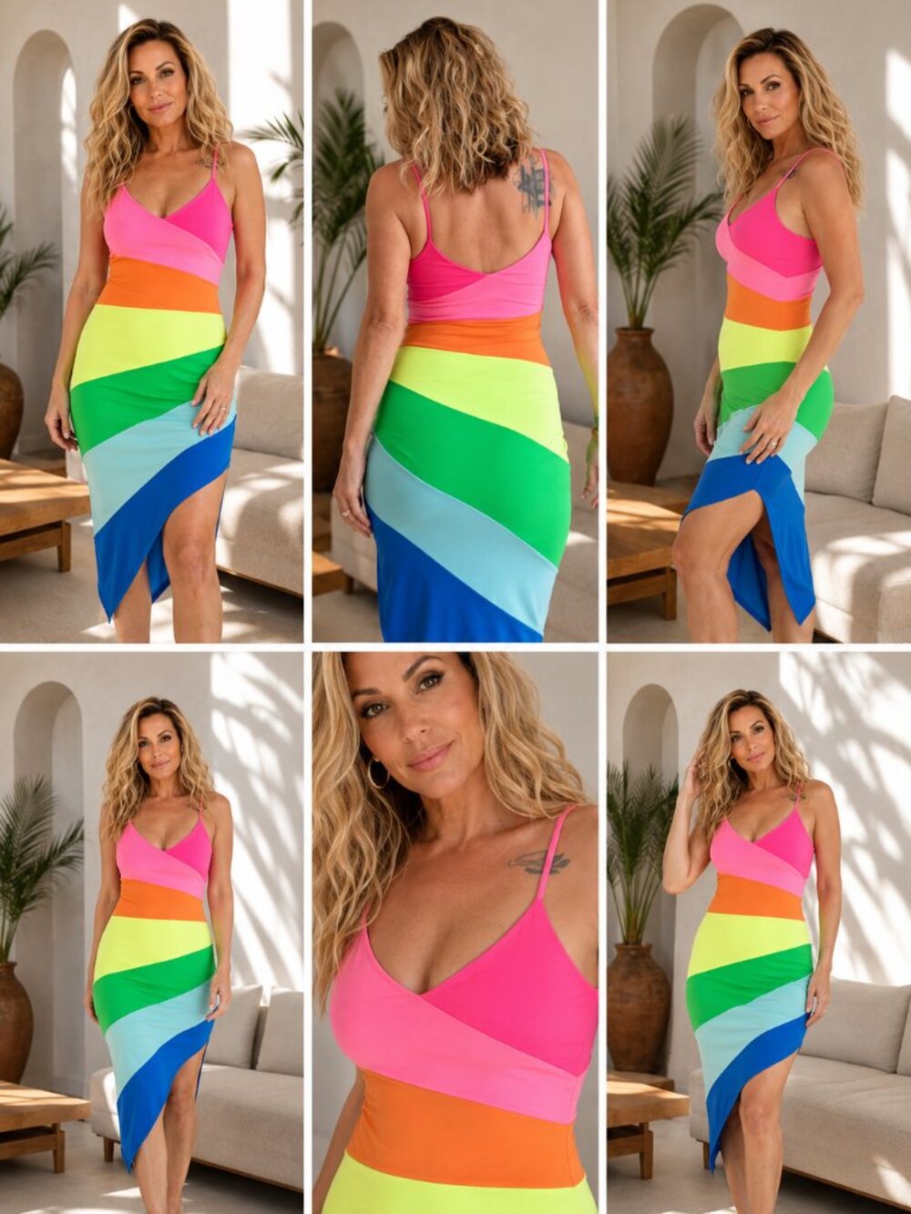 Susan Monaco Rainbow Colorblock Asymmetrical Bodycon Midi Dress Small Made USA